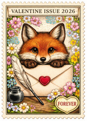 Adorable fox peeks over a sealed love letter surrounded by spring flowers on a 2026 Valentine Forever stamp.
Perfect for greeting cards, romantic packaging, or seasonal mail campaigns.