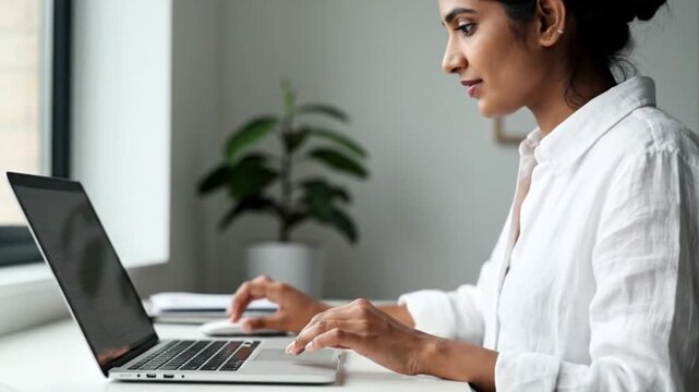 Professional Woman Working On Laptop In Modern Home Office Environment Representing Remote Work Productivity Business Technology And Freelance Lifestyle Concept