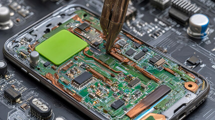 Close-up view of smartphone circuit board with intricate components, showcasing detailed electronic parts and tools, highlighting technology and repair process in action
