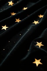 Scattered gold stars on black velvet, dramatic lighting, lighting, elegant, holiday