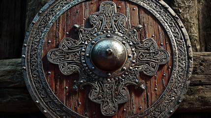 Ornate metal shield with intricate designs and wooden texture, displayed against a rustic wooden background, showcasing craftsmanship and historical significance in weaponry
