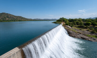 An expansive water dam cascades, set against a tranquil lake landscape.