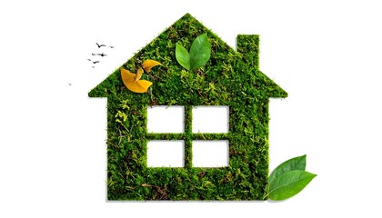 Eco-friendly house symbol covered in green moss and leaves.