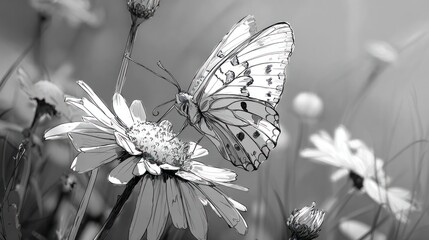 Monochrome image of a butterfly delicately perched on a daisy, soft background