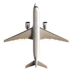 Airplane is in flight, high above a city with sunlight illuminating the scene and blue sky around it