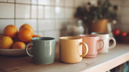 Obraz premium Three ceramic mugs on a wooden countertop in a kitchen. the mugs are in different colors - one is light green, one is orange, and one is pink.