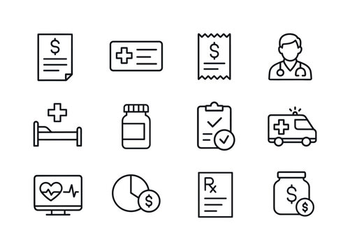 Healthcare Costs Icons. Healthcare costs. Line icon set of healthcare costs: medical bill, insurance card, copay receipt, doctor visit, hospital bed, pill