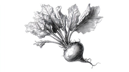 A detailed black-and-white botanical illustration of a beet plant with lush leaves