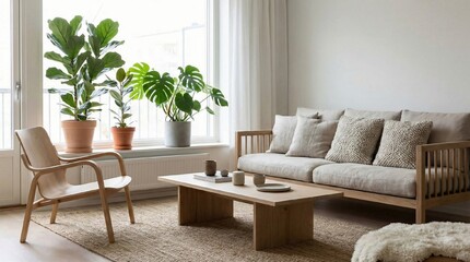Scandinavian living room interior with large leafy houseplants in simple ceramic pots, natural light from a window, minimal wooden furniture