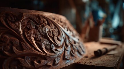 Intricate floral carvings on unfinished wood, blurred background of workshop