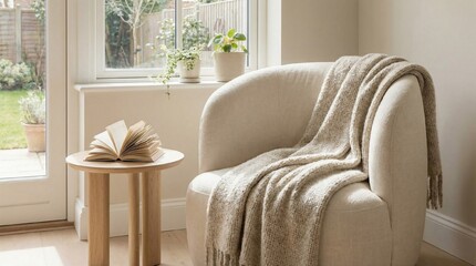 Japanese-inspired interior: low wooden table, tatami mat, ceramic tea set, bonsai tree on the windowsill