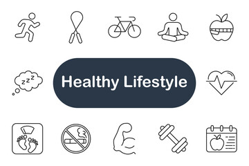 Healthy lifestyle set icon. Running, yoga, dumbbell, apple, sleep, heart rate, no smoking, scale, muscle, rope, diet, wellness routine.