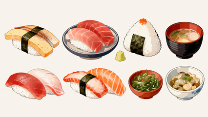 Japanese sushi and side dishes illustration © Earen