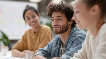 Fototapeta premium Three young people sitting at a table in a meeting or brainstorming session. the person in the middle is a young man with curly hair and a beard, wearing a denim jacket.