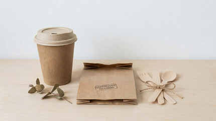 Eco-friendly takeaway packaging: biodegradable paper cup with lid, kraft paper bag, wooden cutlery, arranged on a white background