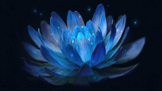 Dazzling electric blue fireworks bloom, featuring slender filaments and translucent petals, sparkling against a pure black background, high resolution.