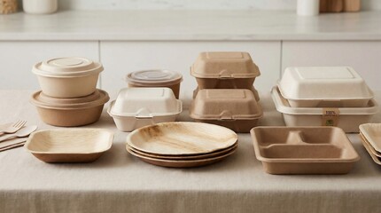 Set of compostable food containers made from sugarcane and palm leaf, displayed on a clean background