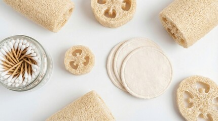 Natural loofah sponges, bamboo cotton buds, and reusable makeup remover pads arranged flat lay style, clean white background