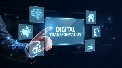 Hand Pointing to Digital Transformation Panel with Icons for AI, Automation, Cloud, and Smart Technology