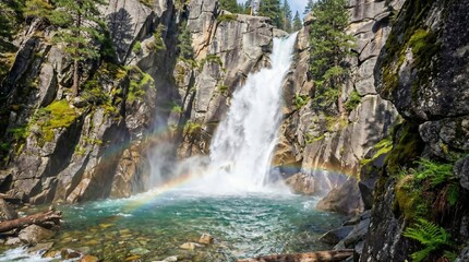 Waterfall plunging between jagged cliffs into a clear blue pool, rising mist, dynamic nature detail