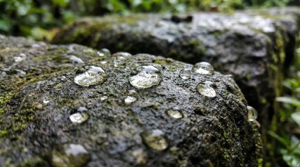 Macro image of transparent water droplets on the surface of a textured stone, focused close-up