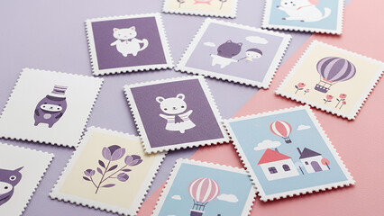 Charming collection of cute stamps in pastel colors featuring animals and playful designs on mixed background