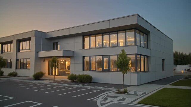 A modern office building with illuminated windows stands in a parking lot at dusk surrounded by trees and grass.