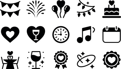 Naklejka premium Black icons of various Valentines Day and celebration symbols