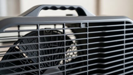 Close-up of a black box fan grille and handle