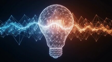 Glowing digital wireframe light bulb with blue and orange energy waveform, innovation idea concept, futuristic technology electricity data network abstract animation seamless loop creative background - Powered by Adobe