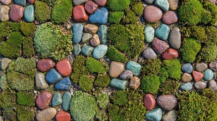 Abstract grid design using colored river stones and pieces of green moss, forming a natural patchwork pattern