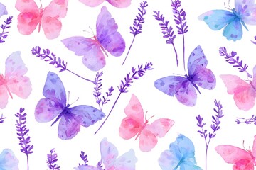 Obraz premium beautiful watercolor painting featuring a pattern of pastel-colored purple, pink, and blue butterflies with lavender flowers on a white background.