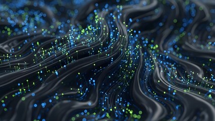 Abstract dark fabric with glowing blue and green particles
