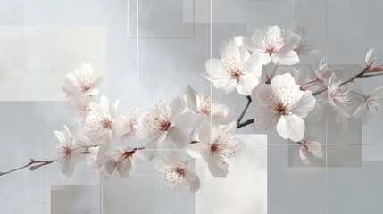 Delicate blossoming white flowers on a slender branch, with soft light and geometric shapes