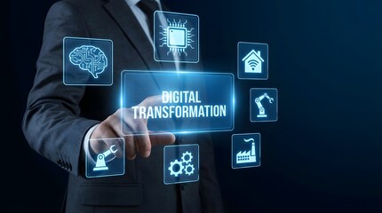 Hand Pointing to Digital Transformation Panel with Icons for AI, Automation, Cloud, and Smart Technology