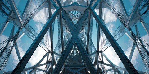 Geometric glass and steel atrium with triangular framework and blue sky reflections