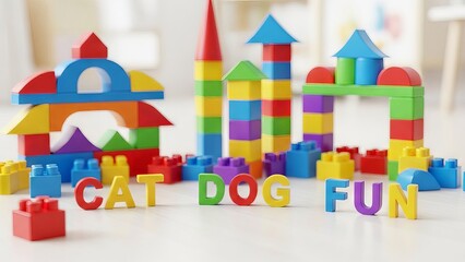 Colorful building blocks and letters arranged for children's play and learning