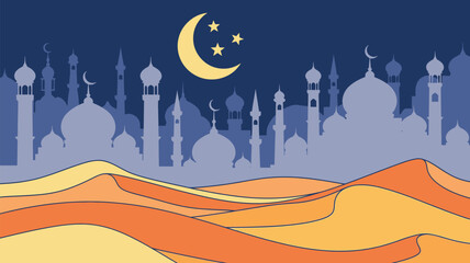 Desert landscape with mosque silhouette under crescent moon and stars.
