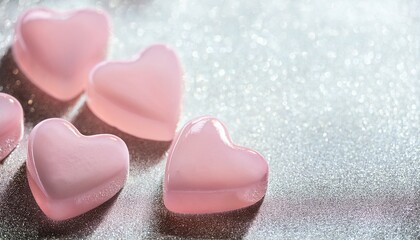 Valentine's day concept. Pale pink jelly 3D hearts on white glitter background with copy space 