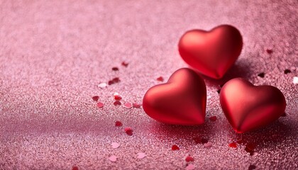 Valentine's day concept. Red 3D hearts on pink glitter background with copy space
