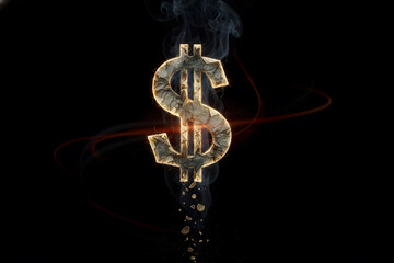 Glowing golden dollar sign burning and crumbling into pieces, with smoke and sparks on a dark background, symbolizing financial loss or crisis