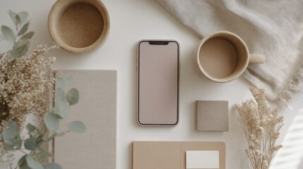 Flat lay of a desk or workspace with various items arranged on a white surface.