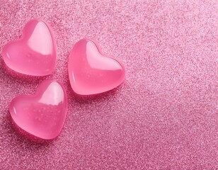 Valentine's day concept. Top view of pink jelly 3D hearts on pink heart glitter background with copy space 