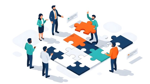 Diverse team assembling a large puzzle with colorful pieces