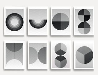 Geometric vector posters set with speed lines- modern geometric circles, semicircles , triangles pattern created with thick and bold dynamic lines for design. Shapes for posters and branding. 