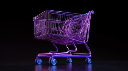 A neon shopping cart, rendered in 3D, glows with purple and blue light against a black backdrop