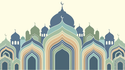 Islamic mosque architecture with domes and arches illustration.