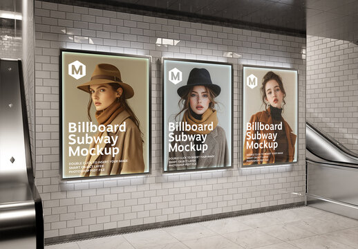 Three Billboards on Clean Underground Wall Mockup