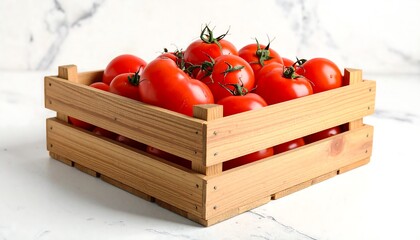 Fresh Ripe Roma Tomatoes in a Wooden Crate on a Marble Surface.