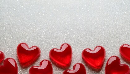 Valentine's day concept. Top view of red jelly 3D hearts on whitet glitter background with copy space 